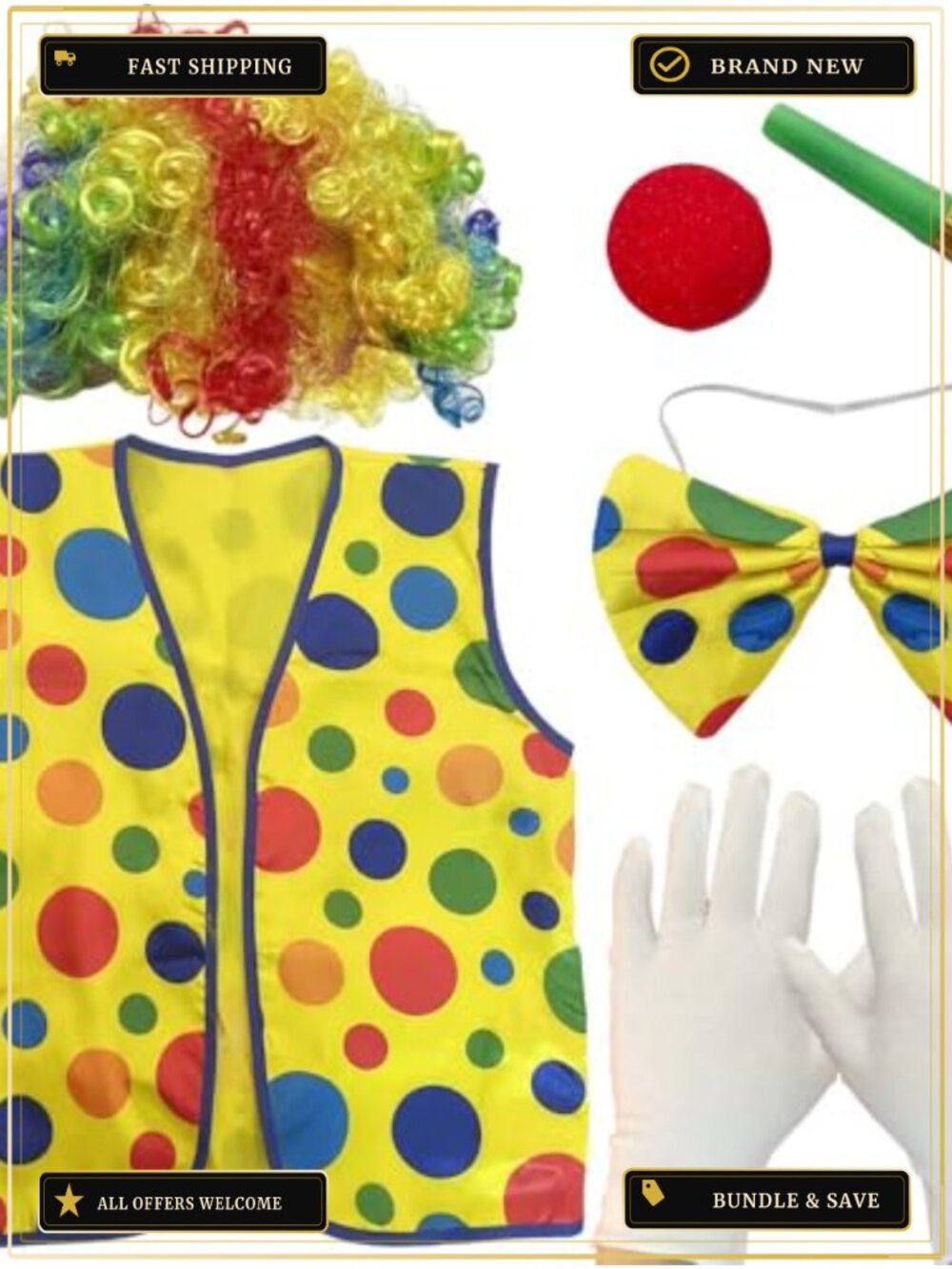 6Pc Clown Costume Set Vest Wig Glove Nose Bow Tie Whistle Cosplay Party